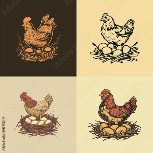 Hen lays egg logo design vector vintage