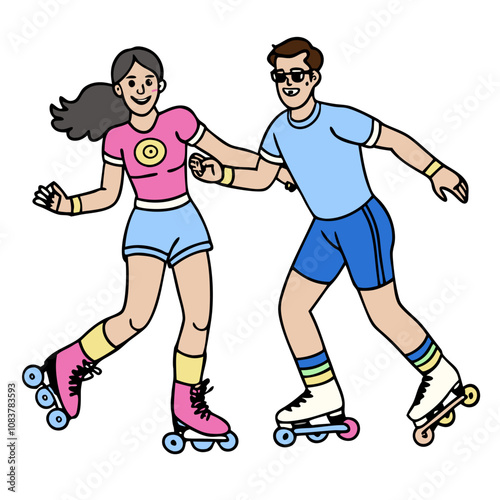 Retro Roller Skating Couple: A vibrant illustration of a stylish couple enjoying a retro roller skating adventure.