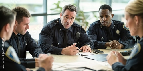 Police officers in meeting discussing strategy, focus on leader