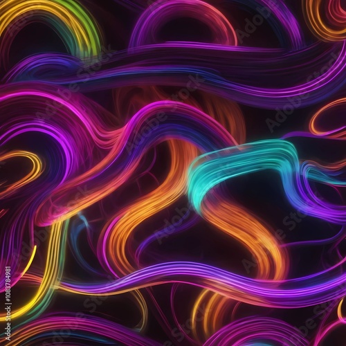 vibrant neon lines that curve and twist across a dark background,  lines glowing intense colors, contrast against the darkness
