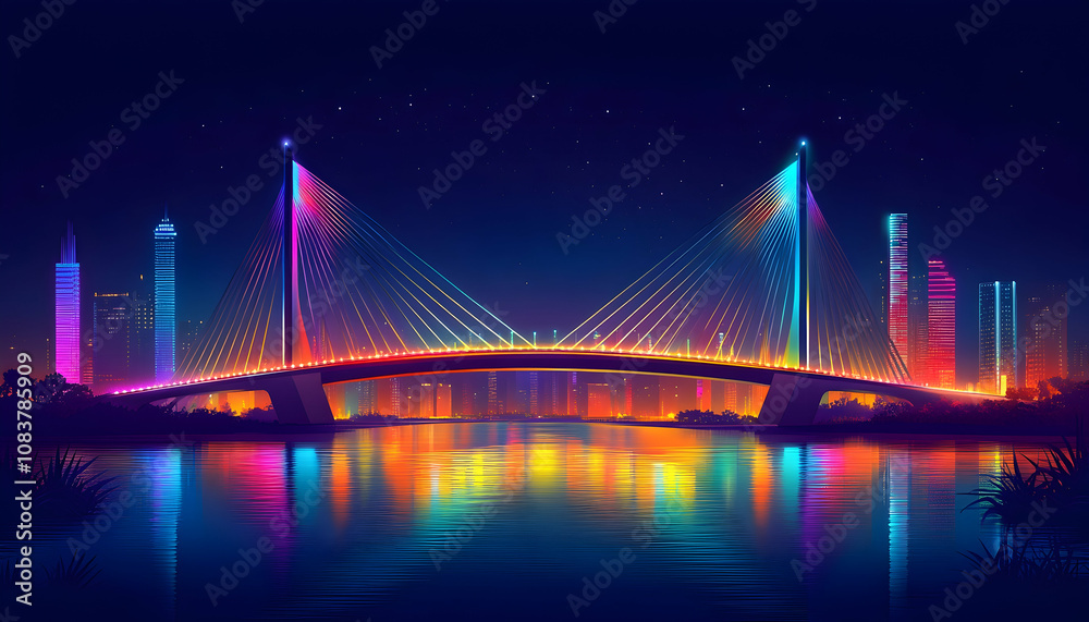 Obraz premium Vibrant cityscape at night, illuminated bridge reflecting in water.