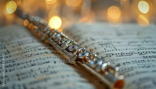A lone, silver flute lying across an open sheet music book