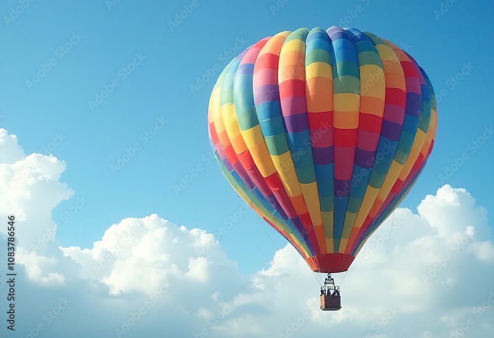 Obraz premium A colorful hot air balloon with a rainbow pattern, floating against a cloudy sky