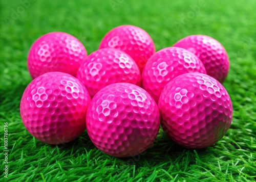 A Collection of Bright Pink Golf Balls Nestled on Lush Green Turf, Perfect for Golfing Enthusiasts and Sports Photography Needs photo