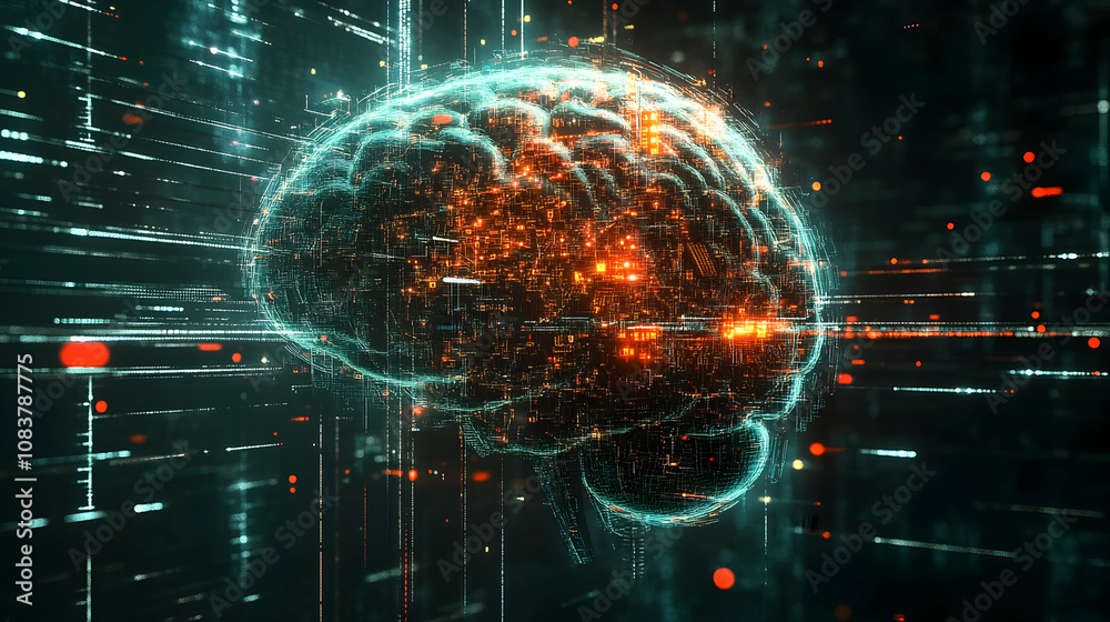 Obraz premium A glowing orange and teal digital brain with neural circuits, symbolizing futuristic intelligence.