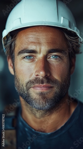 portrait of man 40 years old builder in white helmet photo