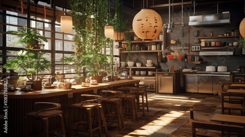 A photo of a stylish noodle house with an open kitchen photo