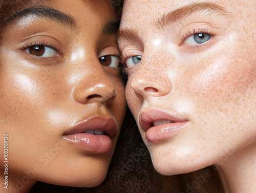 Close-Up Portrait of Two Women with Freckles and Radiant Skin, Highlighting Diversity and Natural Beauty