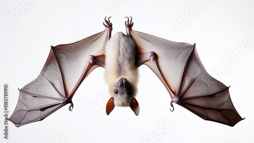 White bat hanging with spread wings isolated on white background.