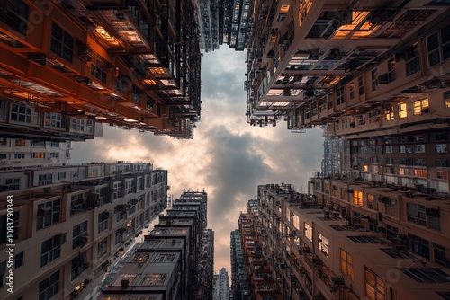 Looking up at Densely Packed Buildings in Hong Kong Under a Cloudy Sky During Evening Light