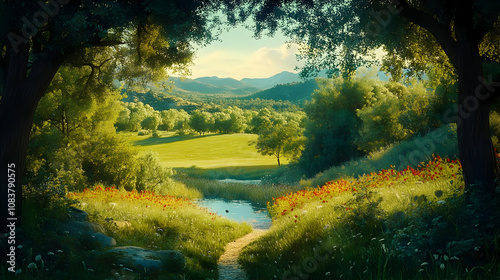 Serene Landscape Illustration: Tranquil Path, Lush Meadow, and Distant Mountains
