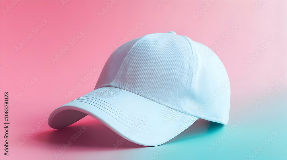Fototapeta premium A white baseball cap set against a soft pink gradient background, with bright lighting highlighting its minimalist design.