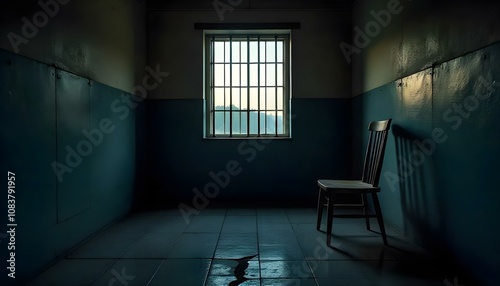 Dark dank jail cell with iron bars on the windows with copy space photo