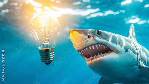 shark swims underwater with glowing light bulb above its head, symbolizing bright idea or innovation. scene is vibrant and imaginative, capturing essence of creativity and intelligence photo