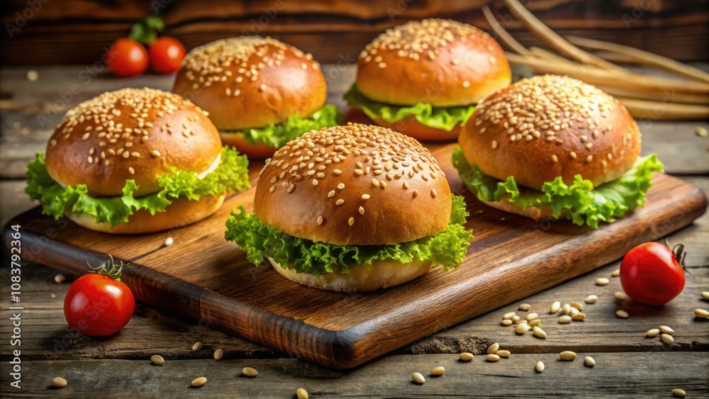 custom made wallpaper toronto digitalFreshly Baked Hamburger Buns with Sesame Seeds for Gourmet Burgers, Soft and Fluffy, Perfect for Grilling, Rustic Bakery Style, Deliciously Topped, Ideal for Food Photography and Recipes