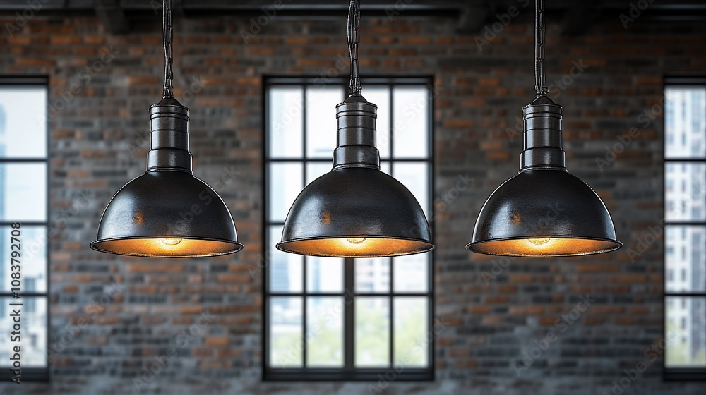 Obraz premium Industrial-style pendant lights illuminate a brick wall.