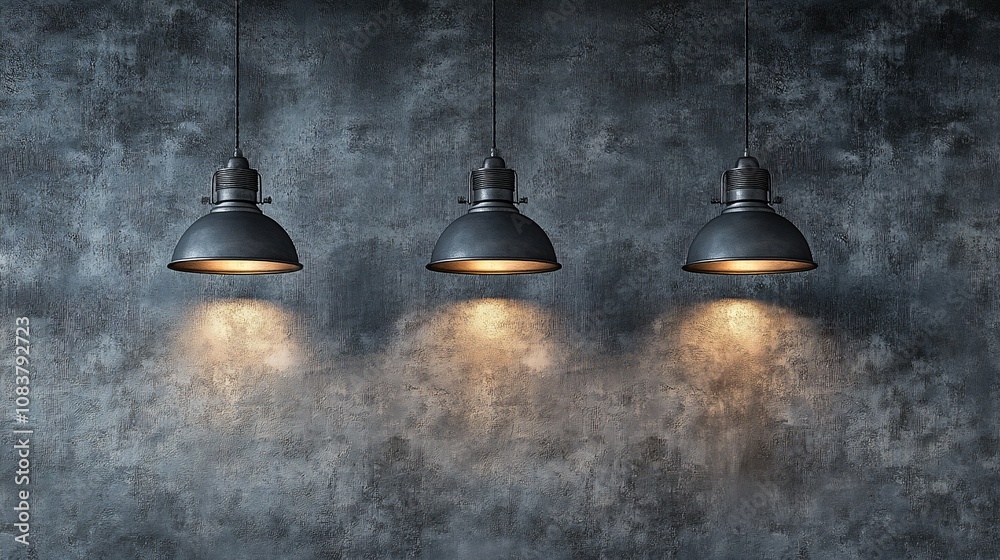 Obraz premium Three vintage industrial pendant lights illuminate a textured wall.