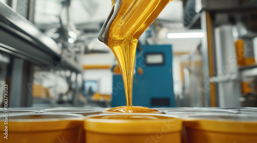 Close-up of a viscous yellow liquid pouring into containers within an industrial setting, possibly indicating manufacturing or food processing operations. photo