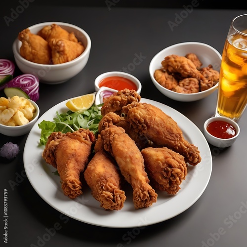 Delicious Fried Chicken with assortment metarial served photo