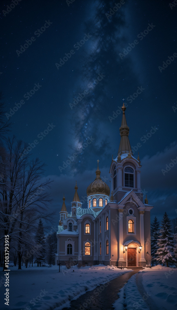 Fototapeta premium Illuminated Orthodox Church Under Starlit Winter Sky With Milky Way
