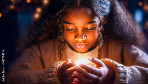 Teenage girl with dark hair looking at mysterious glow in her hands with dimmed background.
