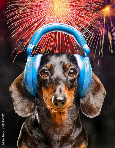 Dachshound dog wears protective headphones to shield its ears from the noise of fireworks in the background, providing a thoughtful solution to keep pets calm during celebrations.