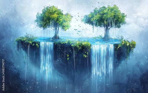 Enchanting floating islands with lush trees and cascading waterfalls, a surreal fantasy landscape in serene blue tones.