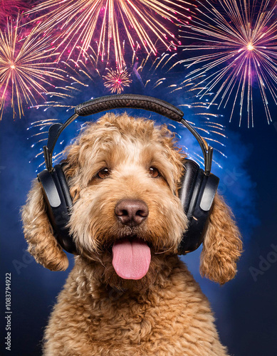 Labradoodle dog wears protective headphones to shield its ears from the noise of fireworks in the background, providing a thoughtful solution to keep pets calm during celebrations.