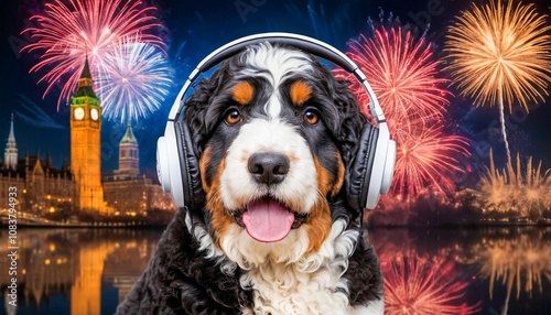 Bernedoodle dog wears protective headphones to shield its ears from the noise of fireworks in the background, providing a thoughtful solution to keep pets calm during celebrations.