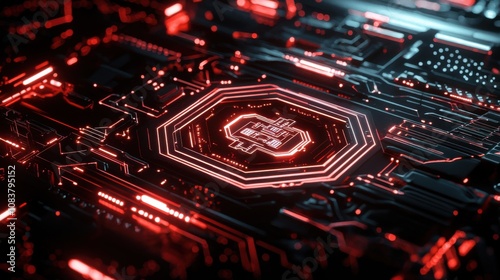 Futuristic circuit board illuminated with red lights, featuring a central octagonal chip design glowing with technological intensity.