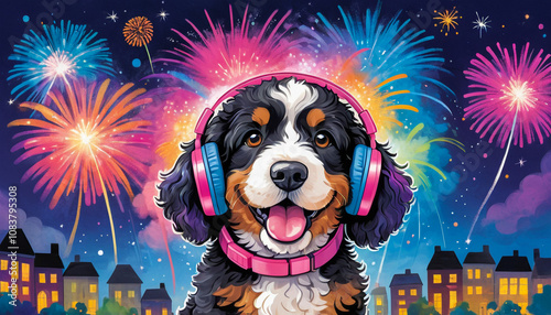 A cartoon style Bernedoodle dog wears headphones to shield its ears from the loud fireworks in the background, showcasing a caring approach to keeping pets calm during celebrations.