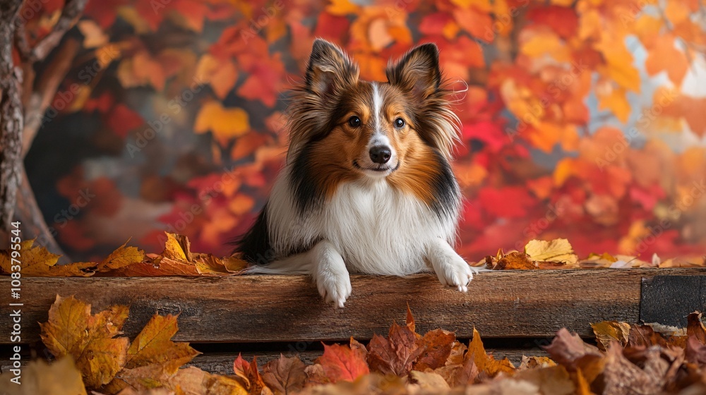 Fototapeta premium A charming dog rests among colorful autumn leaves, capturing the essence of fall with vibrant hues and a cozy atmosphere.
