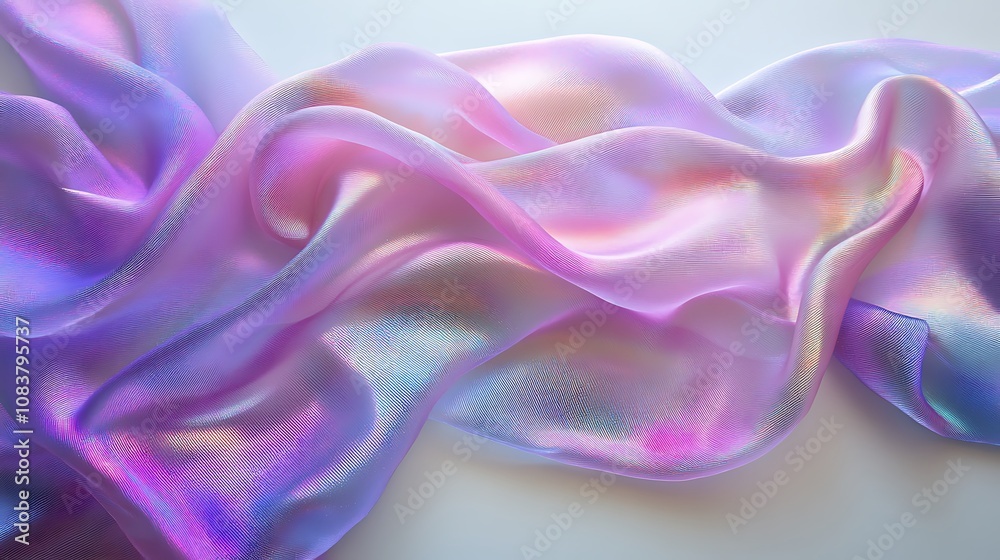 Fototapeta premium A flat lay of a purple and pink iridescent fabric background, Abstract background silky fabric cloths