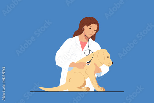 Female veterinarian in white lab coat examining pale yellow Labrador puppy holding a stethoscope to the chest. Design for veterinary services or pet-related concepts. Flat cartoon vector illustration.