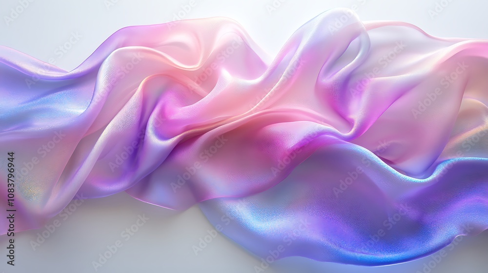 Fototapeta premium A flat lay of a purple and pink iridescent fabric background, Abstract background silky fabric cloths