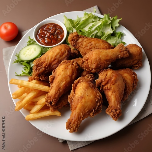 Delicious Fried Chicken with assortment metarial served photo