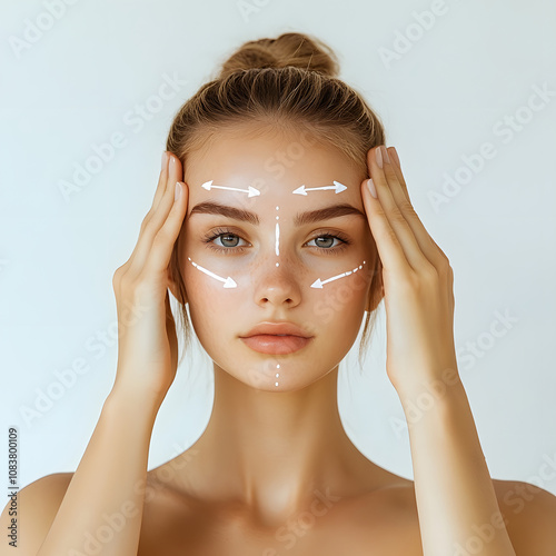 A serene woman with her hands on her face demonstrates facial massage techniques for skincare and relaxation.