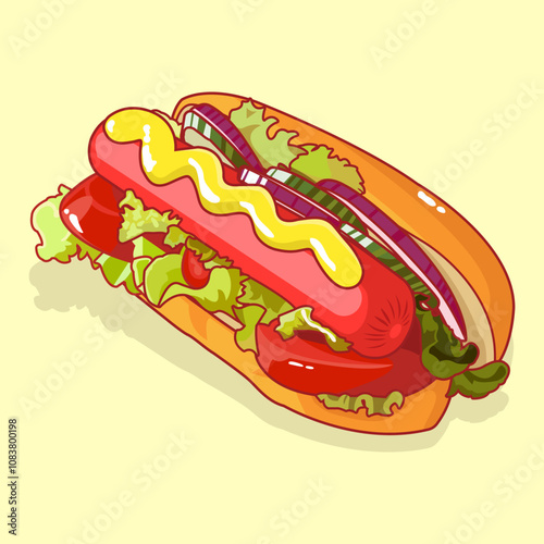 Colorful Vector Illustration of a Delicious Hot Dog with Mustard Sauce. A vibrant and appetizing illustration of a hot dog loaded with mustard, lettuce, onions, and tomatoes. Perfect for food-related.