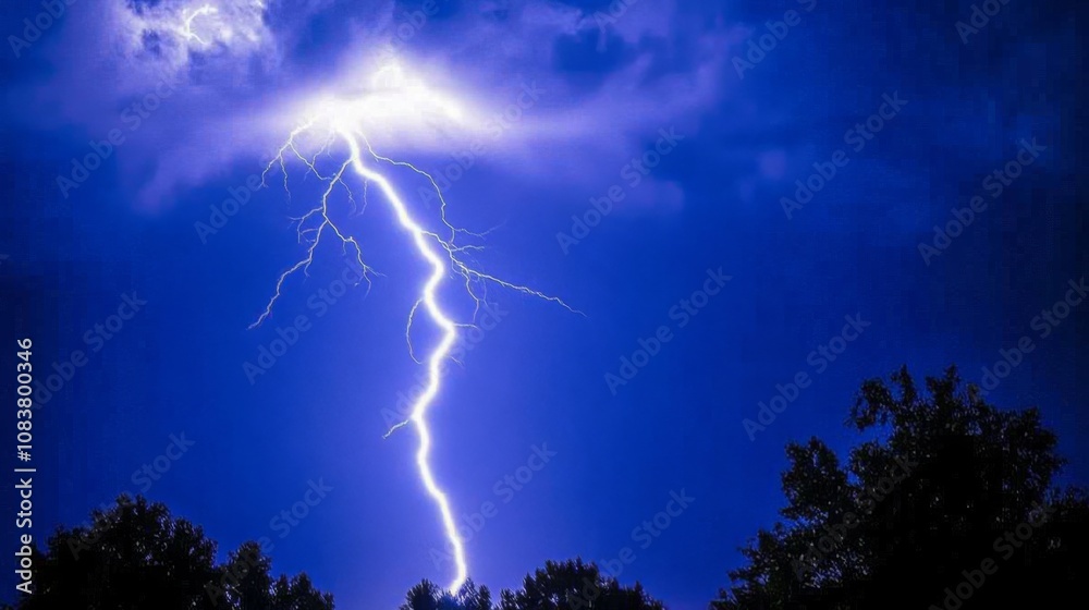 Fototapeta premium Lightning, electric thunderbolt strike of blue colour during night storm, impact, crack, magical energy flash. Thunderstorm flash on black background
