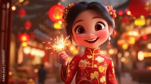 3D character in a red cheongsam, smiling joyfully as they light a firecracker, with lanterns and decorations in the background for Chinese New Year.