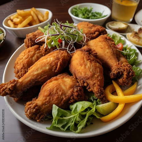 Delicious Fried Chicken with assortment metarial served photo