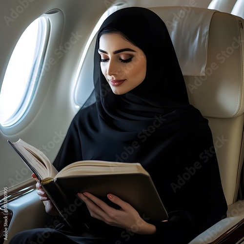 A woman in a black hijab reads a book while seated in a luxurious airplane cabin, enjoying a moment of tranquility during her flight.