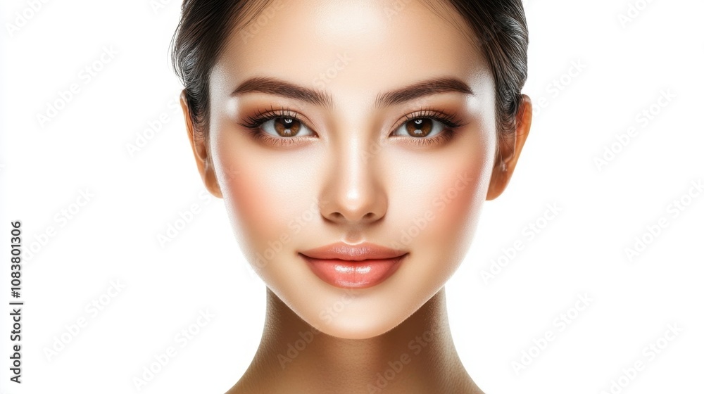 Fototapeta premium Stunning Close-Up of a Young Woman with Glowing Skin and Expressive Eyes Against a Bright White Background Showcasing Natural Beauty and Freshness