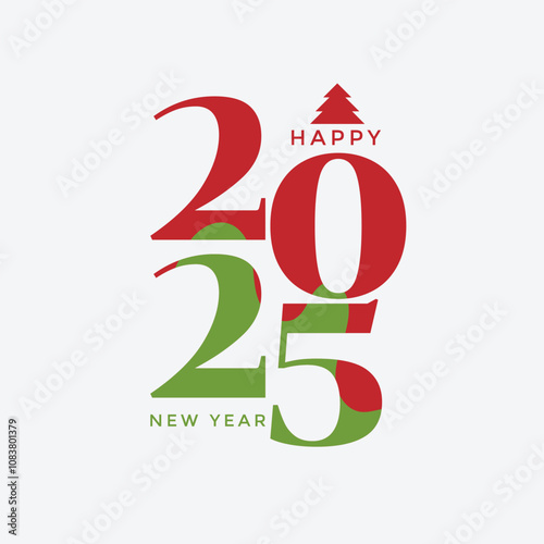 Happy New Year 2025 Festive Typography in Red and Green with Christmas Tree Icon