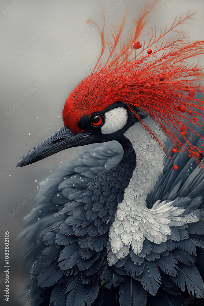 Fototapeta premium A striking bird with vibrant red crest poses against a softly blurred gray background