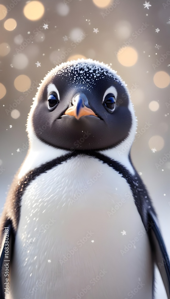 Fototapeta premium Adorable Penguin Close-Up Amid Falling Snowflakes with Warm Bokeh Glow