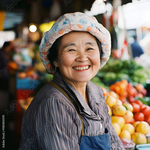 A cheerful elderly woman wearing a floral hat smiles in a vibrant market filled with fresh fruits and vegetables. photo