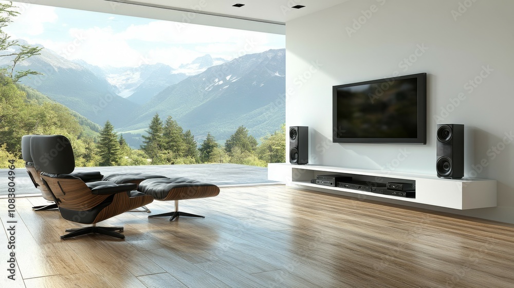 Fototapeta premium Modern living room with mountain view, featuring a television, a speaker system, and two leather chairs.