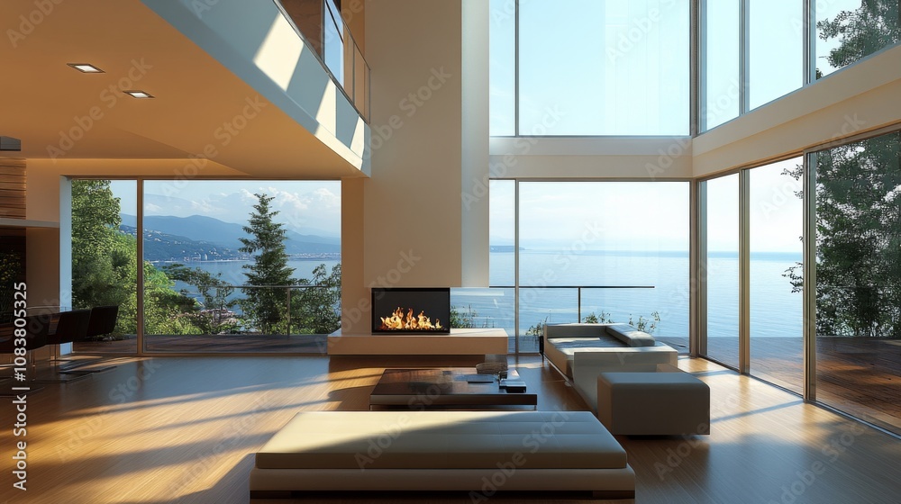 Fototapeta premium Modern Living Room with Fireplace and Ocean View