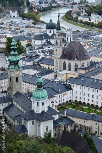 Aerial View of Historic Salzburg Cityscape Featuring Salzburg Cathedral, DomQuartier, and Salzach River, Captured from Fortress Hohensalzburg